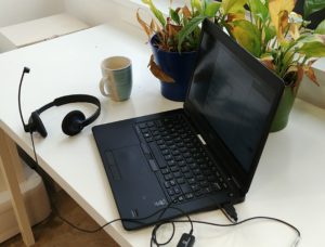 lap top, headphones: remote work important tools